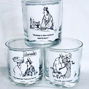 Vintage Vancouver Sun Herman Cartoon Lowball Whiskey Cocktail Glasses 1980